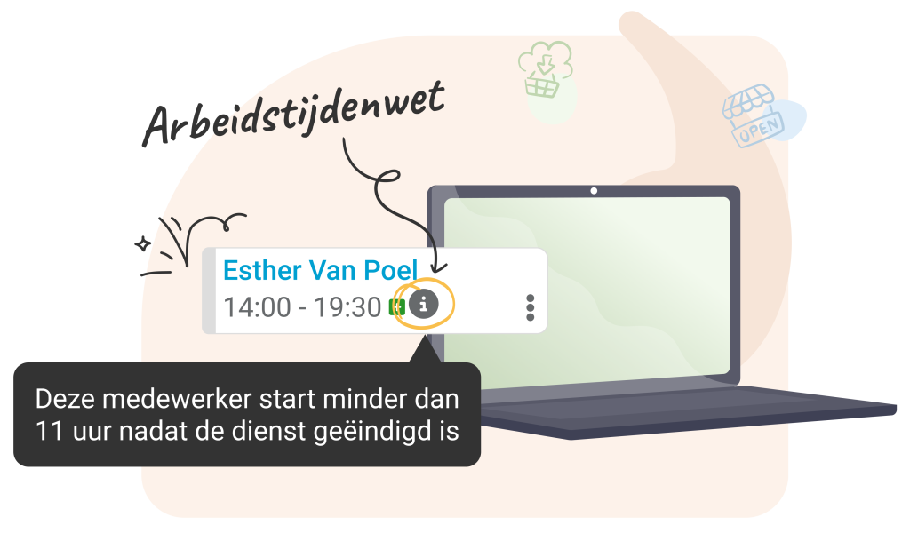 Personeelsplanning voor de retail branche volgens de arbeidstijdenwet en de retail cao. Afbeelding laat zien dat er een melding verschijnt in diensten wanneer de arbeidstijdenwet wordt overschreden de melding luidt "deze medewerker start minder dan 11 uur nadat de dienst geëindigd is"