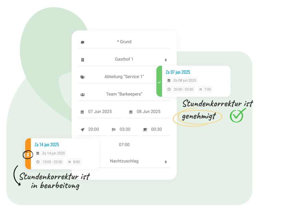 Mitarbeiter können ihre registrierten Arbeitszeiten einfach über die Mitarbeiter-App überprüfen. Änderungsanträge können eingereicht werden, wenn eine Unstimmigkeit in den registrierten Arbeitszeiten auftritt. Die Vorgesetzten erhalten diese Anträge und können sie mühelos überprüfen und bewerten. Sobald die Anträge bearbeitet sind, aktualisiert Nostradamus automatisch die Datensätze entsprechend.    Mit Nostradamus können Sie Ihre Zeiterfassung optimieren, den Verwaltungsaufwand reduzieren und die Teamzufriedenheit erhöhen. 