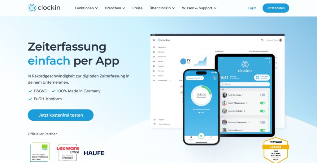 Screenshot der clockin Website