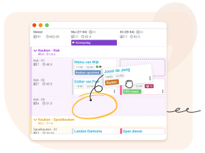 Desktop interface van een personeelsplanning software voor de horeca, specifiek tonend hoe medewerkers worden ingepland voor een drukke dag zoals Koningsdag.